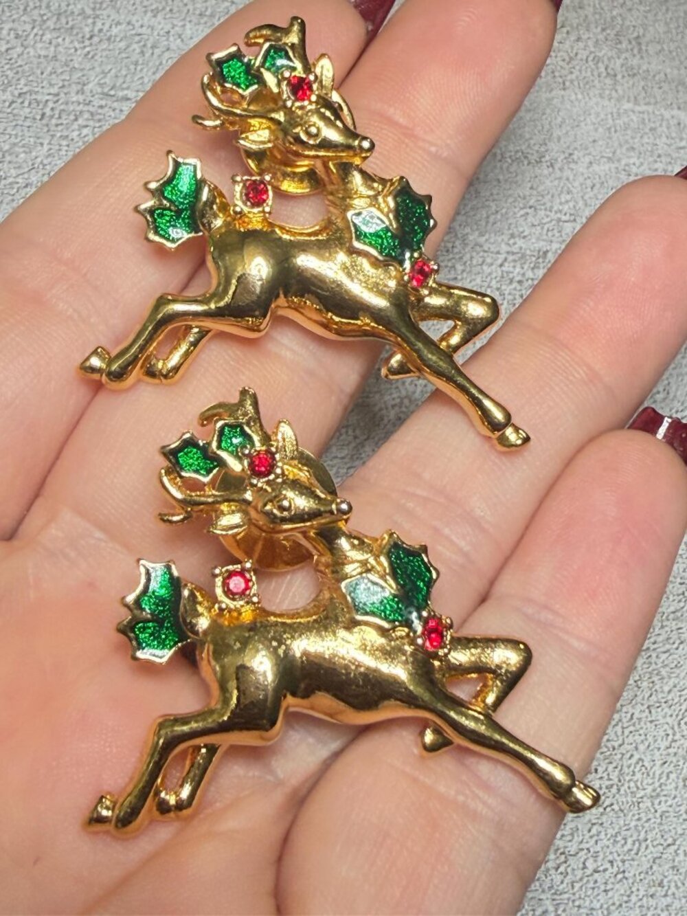 Vintage Avon Reindeer Tack Pins Set of 2 Christmas Holly Rhinestone